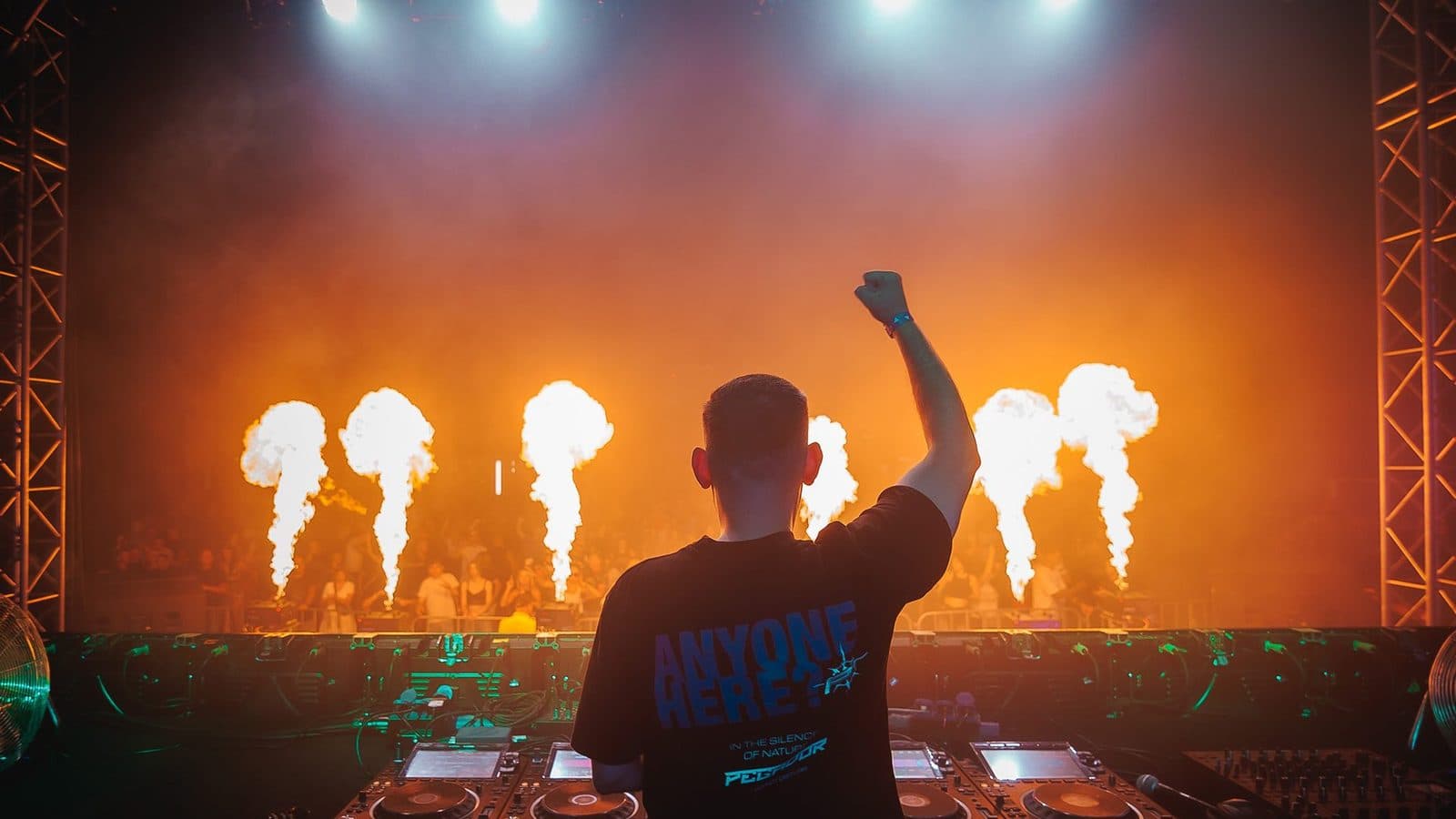 DJ tyłem do kadru z uniesioną ręką, przed nim publiczność i strzelające kolumny ognia